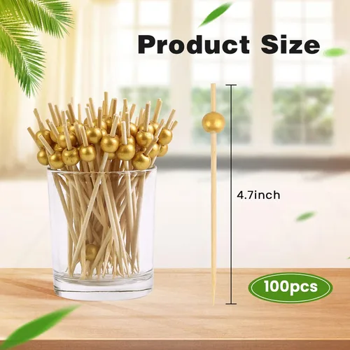 Vista 2 de 100 palillos de cóctel, palillos de dientes elegantes para aperitivos hechos a mano de bambú, palitos de perlas doradas, palillos de alimentos