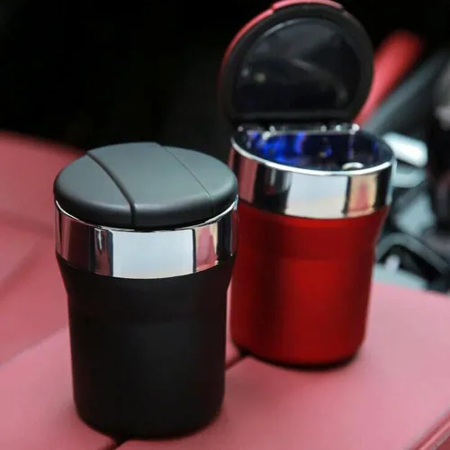 Vista 6 de Cenicero de automóvil con tapa, cenicero portátil para automóvil, bandeja de cenizas sin humo de acero inoxidable con luz LED, cenicero automotriz