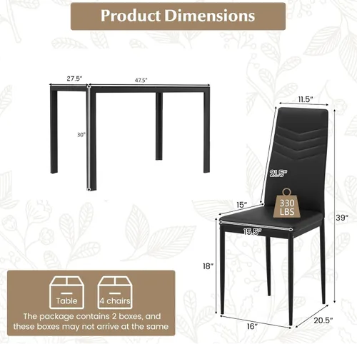 Vista 8 de Giantex Juego de 5 mesas de comedor para 4, mesa y sillas de cocina de vidrio moderna, mesa rectangular de marco de metal con cuero acolchado de 4