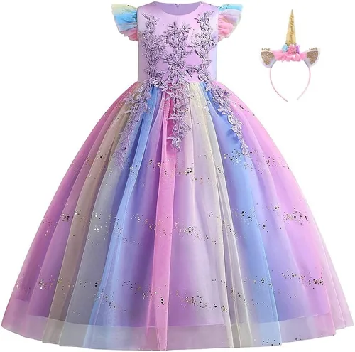Vista 7 de Vestido de cumpleaños de princesa arcoíris de unicornio para niñas, disfraz de carnaval, fiesta de Navidad, vestido largo con diadema C002 Rainbow