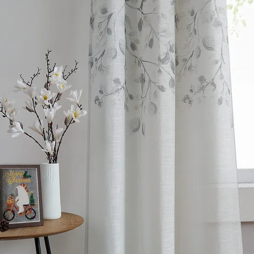 Vista 8 de Central Park Panel de Cortina de Ventana de Lino Transparente Metálico con Estampado Floral de Hojas para Sala de Estar Rústica/Dormitorio Paneles