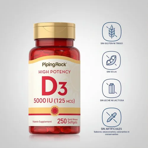 Vista 3 de Piping Rock Vitamina D3 5000 UI (125 mcg) 250 cápsulas blandas Suplemento de alta potencia para hombres y mujeres Sin OMG, sin gluten
