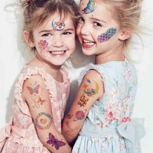 Vista 3 de CHARLENT 110 estilos de tatuajes temporales con purpurina para niñas y mujeres – 12 hojas de purpurina de ensueño mariposa luna hada sirena tatuajes