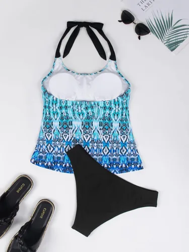 Vista 4 de CUPSHE Traje de baño tipo tankini tipo halter para mujer, estampado étnico, sin espalda, modesto azul tankini
