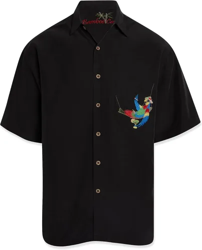 Vista 2 de Bamboo Cay Camisa de manga corta para hombre Always 5 Oclock casual bordada con botones Negro