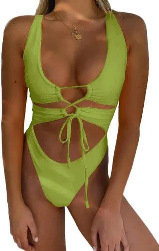 Vista 6 de Traje de baño sexy de una pieza con recortes, encaje, espalda descubierta y corte alto monokini para mujer Azul bebé