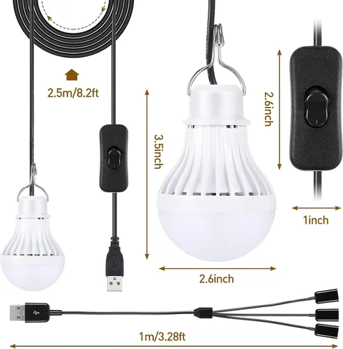 Vista 2 de 3 bombillas LED USB, luces de campamento portátiles de 5 W con cable divisor USB de 1 a 3, cable de 8.2 pies de longitud extra para tienda