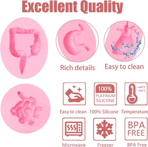 Vista 2 de Moldes de silicona con forma de órganos humanos, 8 unidades, molde de silicona para cerebro y corazón, para hígado, pulmón intestinal, chocolate