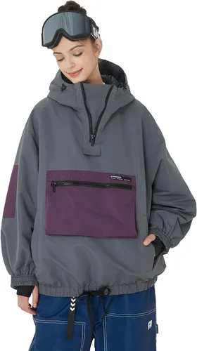 Vista 8 de SNOWVERB Chaqueta de snowboard impermeable holgada con aislamiento y bolsillos tipo cargo con capucha y a prueba de viento para hombres y mujeres