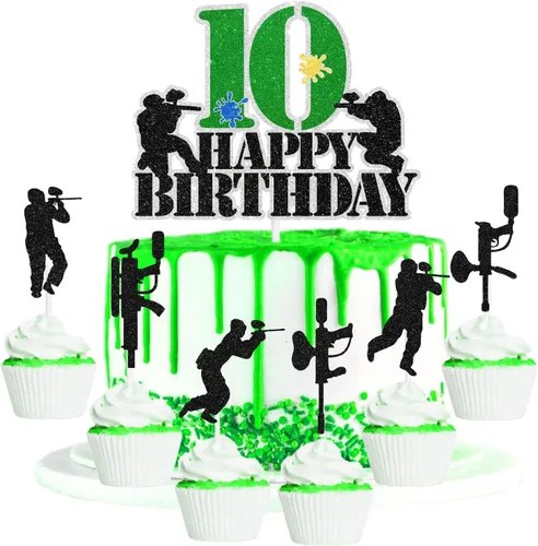 Vista 10 de Juego de 7 piezas de decoración para cupcakes de paintball para adolescentes de 9.º cumpleaños. Es la fiesta de cumpleaños perfecta con temática