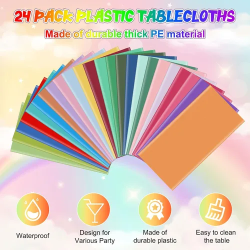 Vista 3 de 24 manteles de plástico desechables de 54 x 72 pulgadas de colores surtidos, mantel rectangular arcoíris desechable colorido para fiesta, boda