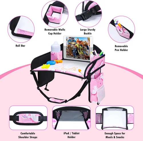 Vista 9 de 2 piezas Bandeja de viaje para niños, bandeja para asiento de coche para niños Viaje, Esenciales de viaje en carretera para niños con kit de dibujo