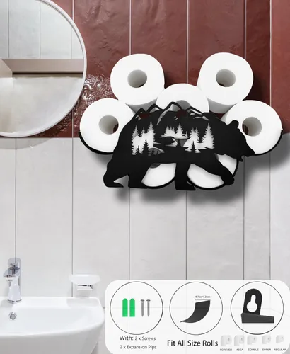 Vista 5 de Bear - Almacenamiento de papel higiénico de pared de metal, divertido soporte de papel higiénico negro, soporte de papel de metal decorativo