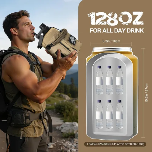 Vista 7 de NATURE PIONEOR Botella de agua táctica de 128 oz/1 galón con bolsa para Marrón verde