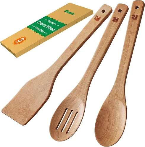 Vista 10 de Riveira Cucharas de madera de bambú para cocinar, 3 piezas, espátula de madera esencial para apartamento, cuchara antiadherente, juego de utensilios