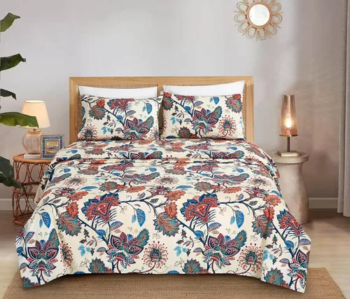 Vista 4 de Chezmoi Collection Paradise - Juego de sábanas florales de 3 piezas, multicolor, azul, rojo, naranja, crema, de microfibra con bolsillo profundo