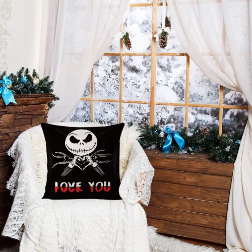 Vista 2 de Funda de almohada Jack Skellington - Decoración de Navidad, Funda de almohada Jack Love You, Funda de almohada de lino y algodón 18 x 18 pulgadas