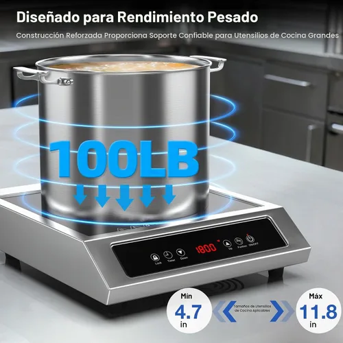 Vista 4 de Placa de cocción de inducción comercial de 1800 W, quemador eléctrico de encimera de acero inoxidable de 120 V con panel táctil digital