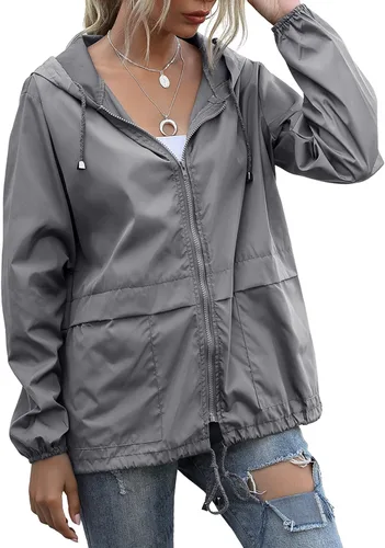 Vista 2 de Chaqueta impermeable ligera para mujer, rompevientos con capucha y bolsillos para exteriores