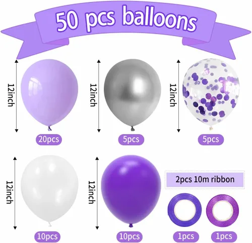 Vista 2 de Juego de globos de fiesta morados, 50 globos de látex lila lavanda de 12 pulgadas para uso de adultos, solo para fiesta de graduación, despedida