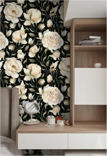 Vista 7 de HAOKHOME Papel tapiz autoadhesivo para despegar y pegar, diseño floral de rosas vintage, peonías, papel de contacto extraíble, negro/beige/oliva