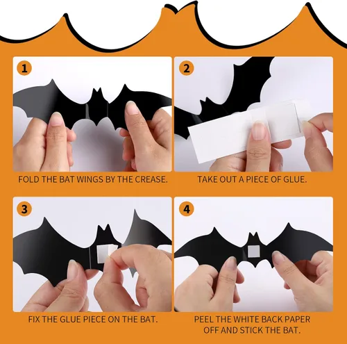 Vista 4 de FANDAMEI 140 piezas de murciélagos para decoración de Halloween, 5 tamaños de murciélagos, decoración de pared de murciélagos 3D para decoración