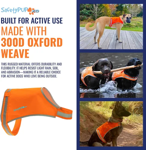 Vista 5 de Chaleco naranja Blaze para perro, edición Lite. Chaqueta reflectante para perro de alta visibilidad con cobertura de espalda media. Chaleco de caza