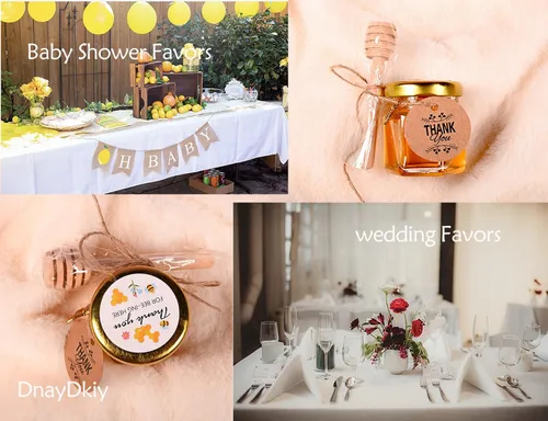 Vista 6 de Mini tarros de miel, 1.5 onzas de cristal hexagonal con goteros, abalorios de abeja, bolsas de regalo de organza y calcomanías, perfecto