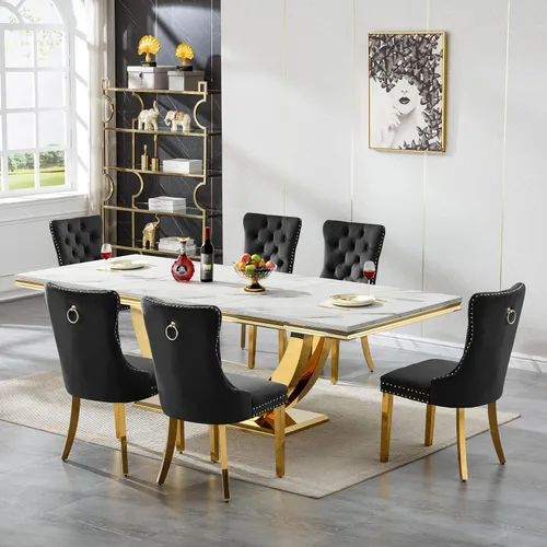 Vista 19 de Mesa de comedor blanca de 68 pulgadas para 4-6, mesa de cocina rectangular moderna con mesa de mármol sintético y base de acero inoxidable plateado