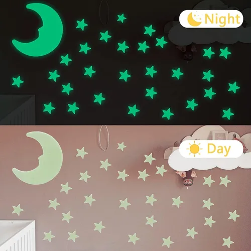 Vista 5 de Calcomanías de estrellas que brillan en la oscuridad, 201 calcomanías luminosas de pared de plástico 3D grandes para niños, verde