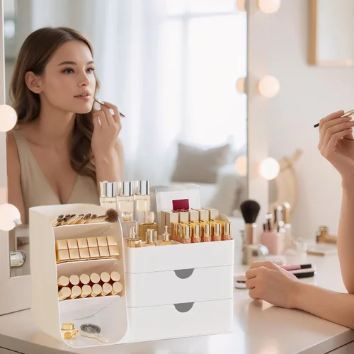 Vista 6 de Organizador de Maquillaje con 2 Cajones M y Portacepillos - Estuche de Almacenamiento de Cosméticos para Tocador, Encimera de Baño y Escritorio