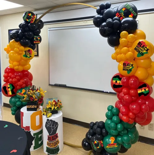 Vista 5 de Juego de guirnalda de globos para decoración de fiesta del mes de la historia negra, 157 unidades, globos de látex negros, rojos, verdes, amarillos