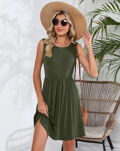 Vista 2 de Xaatren 2 piezas de vestidos de verano para mujer, vestidos sin mangas, plisados, vestidos sin mangas, vestidos hasta la rodilla con bolsillos