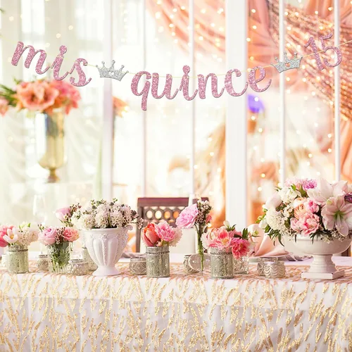 Vista 7 de Maicaiffe Cartel Mis Quince 15 – Decoración para fiesta de cumpleaños de 15 años para niña – Quince años – Decoración de fiesta de feliz cumpleaños