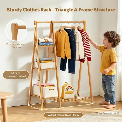 Vista 4 de Percheros pequeños para ropa, perchero para colgar ropa de niños, perchero de madera de bambú con estantes, estante de esquina independiente
