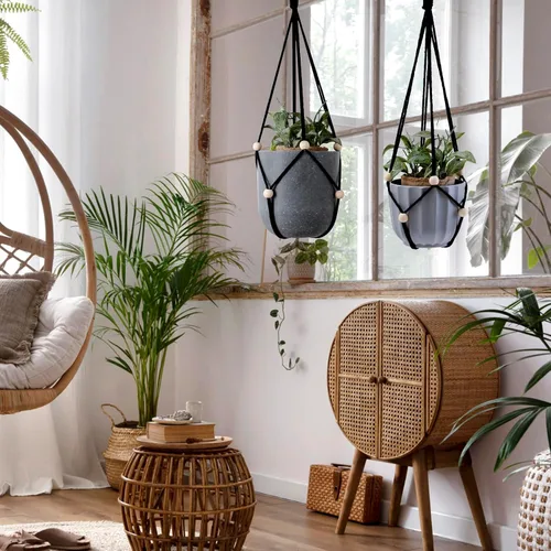 Vista 2 de Artilady Maceta Colgante Negra para Plantas de Interior Colgador de Plantas de Macramé Soporte Colgante Grande para Plantas con Cuentas Ajustables