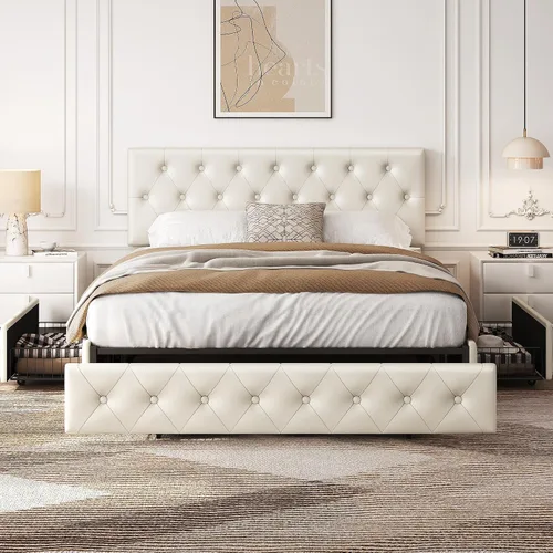Vista 3 de Yaheetech Base de cama Queen tapizada con cabecera ajustable con botones de diamante, 3 cajones de almacenamiento, cama de plataforma queen/listones