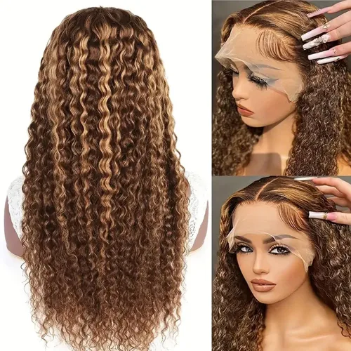Vista 2 de Pelucas de cabello humano ondulado profundo con encaje frontal para mujeres negras, peluca rubia miel, 13x4, 32 pulgadas