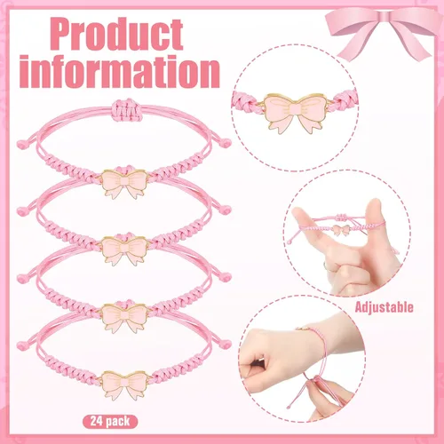 Vista 3 de Liliaafar Paquete de 24 Pulseras de Cuerda de Trenza de Lazo Coqueta, Regalo a Granel, Pulseras Ajustables de Cuerda Trenzada para Animadoras, Ideal