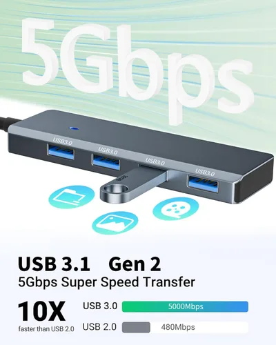 Vista 3 de Hub USB 3.0 4 puertos con USB-A/C, adaptador de aluminio de transferencia de datos de 5Gbps Expansor multipuerto ultradelgado; compatible