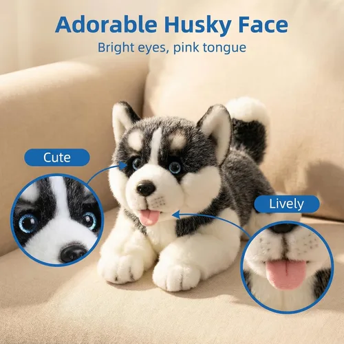 Vista 2 de CU-MATE Juguetes de peluche para perros Husky siberianos de 16 pulgadas, simulación realista y realista, juguete de peluche hecho a mano, regalo