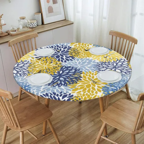 Vista 6 de Fiokroo Mantel de Flores de Crisantemo Azul, Amarillo y Azul Marino con Borde Elástico, Mantel Redondo Lavable y Reutilizable Cubierta de Mesa