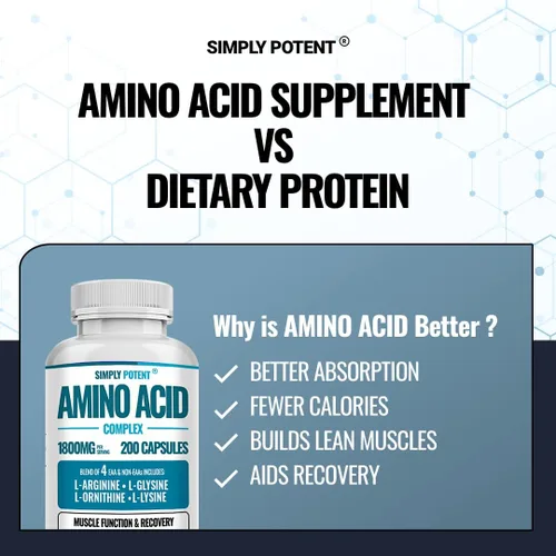 Vista 5 de Simply Potent Complejo de aminoácidos 1800 mg 200 cápsulas, mezcla de 4 aminoácidos esenciales y no esenciales, incluye L-arginina 550 mg