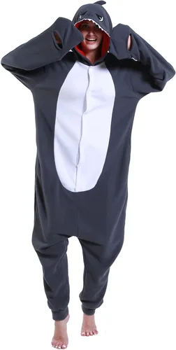 Vista 3 de Pijama de tiburón para adultos, disfraz de cosplay de tiburón, de una pieza, ropa de dormir de caricatura, mameluco de tiburón para mujeres y hombres