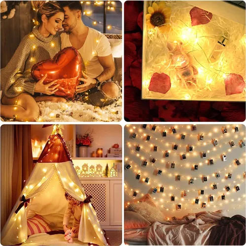 Vista 6 de Guirnalda de luces LED, serie de luces impermeables de 16.4 pies, funciona con pilas para bodas, hogar, jardín, fiesta, decoración de Navidad