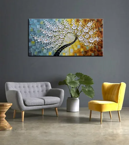 Vista 4 de YaSheng Art - Pintura al óleo de arte contemporánea hecha a mano de flores blancas en lienzo con textura 3D, pinturas de árbol abstractas