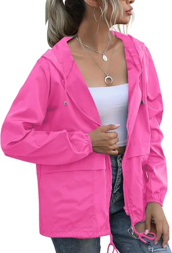 Vista 9 de PESION Chaqueta impermeable ligera para mujer, rompevientos con capucha y bolsillo para exteriores Verde militar