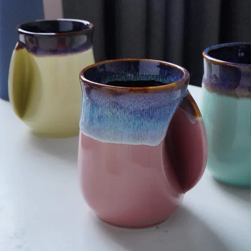 Vista 33 de Selamica - Taza de porcelana de 18 onzas con calentador de manos para diestros, taza de café, taza de té para familiares y pareja - Azul