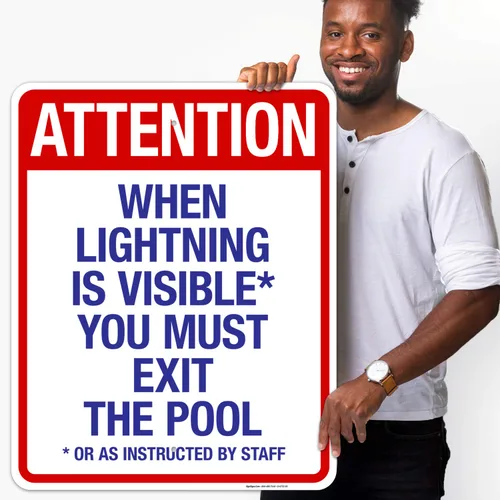 Vista 10 de Letrero con texto en inglés "Attention When Lightning is Visible You Must Exit The Pool - Letrero de piscina, 10 x 14 pulgadas, libre de óxido