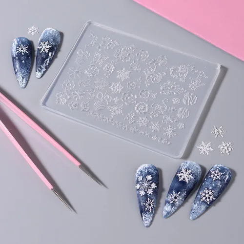 Vista 9 de Adornos de uñas de Navidad Moldes de silicona Moldes de uñas de mariposa de flores Campanas de Navidad Plantillas de tallado de uñas de copo
